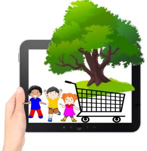 Grafik eines Tablets aus dem ein Baum herauswächst der in einem von jubelnden Kindern geschobenen Einkaufskorb steckt