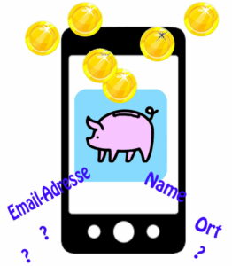 Grafik eines Smartphones mit einem Sparschwein-App-Symbol über dem ein Geldregen nieder geht, unterhalt des Gerätes gehen Wörter raus, wie E-Mailadresse, Name, Ort