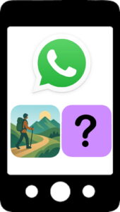 Illustratin eines Smartphones mit App Symbolen für WhatsApp, eine Wander-App und ein App-Symbol mit Fragezeichen