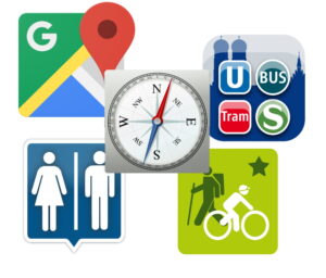 App Icons für Google Maps, öffentliche Verkehrsmittel, Wander-Apps, Kompass