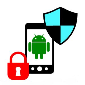 Illustration eines Smartphones mit einem  displayfüllenden Android-Männchen Symbol. Links unten vor dem Smartphone ein Schloss-Symbol und rechts oben vor dem Smartphone ein Schutzschild-Symbol