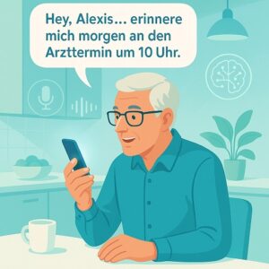 A fresh, modern flyer illustration for a German-language smartphone lecture about 'Sprach-  KI-Assi_kl