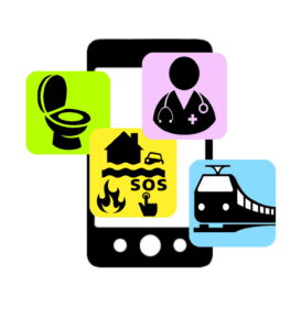 Grafik eines Smartphones aus dem die App-Symbole herausstehen mit nützlichen Apps wie für Zug, Arzt, Notfall