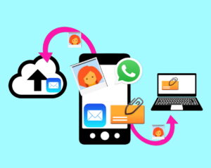 Illustration eines Smartphones von dem verschiedene Symbole mit Pfeilen RIchtung einer Wolke/Cloud und eines Laptops gehen wie z.B. Brief, Foto, WhatsApp