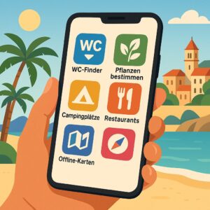 Eine moderne Illustration zum Thema 'Mit dem Smartphone in den Urlaub' Eine Person hält ein Smartph