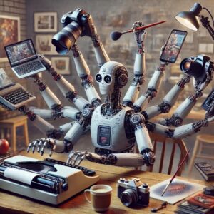 Roboter an Schreibmaschine mit ganz vielen Armen die Kameras, Handies; Laptops halten