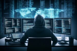 Person im Hoodie von hinten vor ganz vielen Blidschirmen und einer großen Leinwand dahinter alles in düsterem schwarzblauen Setting