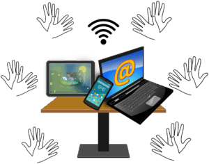 Ein Tisch mit verschiedenen digitalen Endgeräten darüber ein WLan Symbol und darum Symbole gebärdender Hände