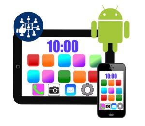 Illustratin eines Smartphones und eines Tablets mit bunten App-Kacheln, links darüber schwebt ein Android-Männchen-Symbol und rechts das Logo des Projektes Besser dabei.