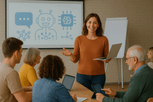 Eine Dozentin steht vor einer kleinen Gruppe buntgemischter Teilnehmender. Auf der Tafel hinter ihr sieht man KI-Symboliken