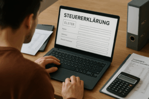 Überschulter-Perspektive einer Person, die am Laptop ein leeres Steuererklärungsformular ausfüllt