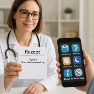 Ärztin übergibt ein Rezept für digitale Gesundheitsanwendungen an einen Patienten, von dem wir nur Hand und Handy sehen, auf welchem sich App-Symbole zu verschiedenen Themen befinden, für die es Apps auf Rezept gibt, z.B. Schlaf- oder Rückenprobleme