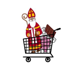 Illustration eines Einkaufswagens in dem eine Nikolausfigur und eine übergroße Schokoladentafel stehen<br />