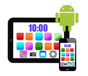 Illustration eines Smartphones und eines Tablets, darüber das Symbol für Android