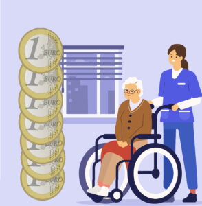 Illustration einer Seniorin im Rollstuhl und einer PFlegerin, davor ein Stapel Euro-Münzen
