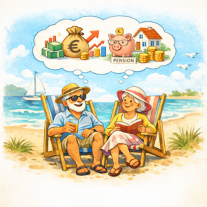 Bilderbuchartige Illustation eines Ehepaares am Strand in Strandstühlen mit Buch und Bier und einer gemeinsamen Denkblase mit verschiedenen Finanzsymbolen