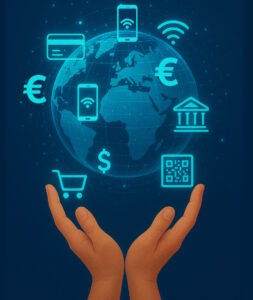 Weltkugel umgeben mit Symbolen für Geld und für Digitales , die über geöffneten Händen schwebt