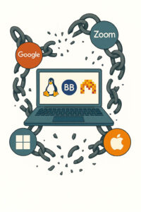 <br />Laptop mit Icons von europäischen IT Firmen umgeben von gesprengten Ketten mit Icons von Apple Windows Google und Zoom