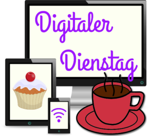 Illustration eines Tablets mit Muffin auf dem Display, eines Smartphones mit WLAN Symbol auf dem Display, eines PCs mit der Aufschriftt Digitaler Dienstag und davor eine dampfende Kaffee-Tasse
