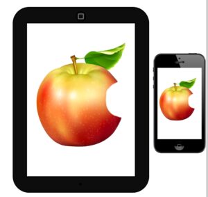 Illustration eines Tablets und eines Smartphones mit fotorealistischer Darstellung eines angebissenen roten Apfels auf dem Display