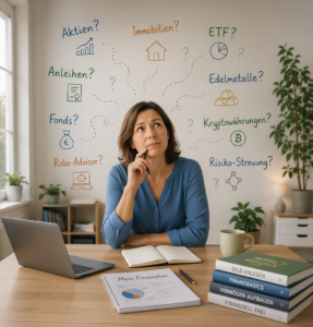Ü40 Dame am Schreibtisch mit Bücherstapel zu Finanzen, schaut fragend in die Luft, hinter ihir an der Wand  Begriffe der Finanzwelt mit Fragezeichen