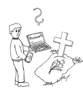Illustration einer Person, die ratlos mit passwortgeschütztem Laptop vor einem Grab steht