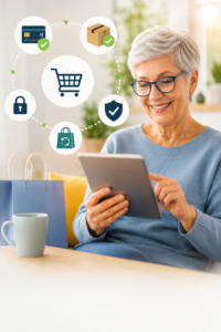 flotte ältere Dame am Tablet, darüber schweben Piktogramme zum Thema Einkaufen wie EInkaufswagen, Sicherheitsschloss, EC Karte, Karton...