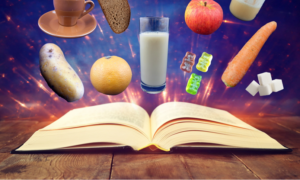 Illustration eines aufgeschlagenen dicken Buches über dem verschiedene Nahrungsmittel wie Kartokffel, Gummibärchen, Milch, Apfel schweben