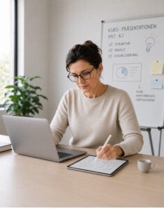 Dame sitzt am Laptop und macht Notizen, hinter sich ein Flipchart mit Titel 