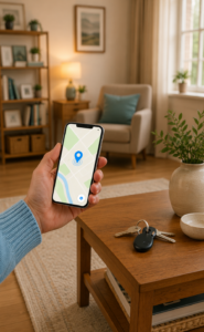 Hand hält ein Smartphone mit Location Pin und auf dem Tisch liegt ein Schlüsselbund, wir sind in einem Wohnzimmer<br />