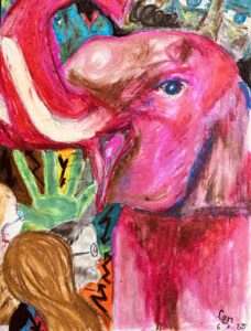 Titelbild des Buches. Ein gemalter pinkfarbener Elefant