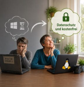 Vorher Nacher oder Vergleichsbild: links in grau frustrierte Dame mit Windows Laptop, rechts glückliche Dame mit Linux